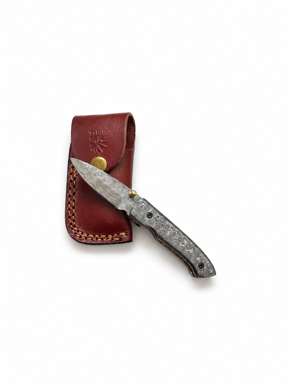 Damascus Folding Knife with Full Damascus Handle & Leather Sheath