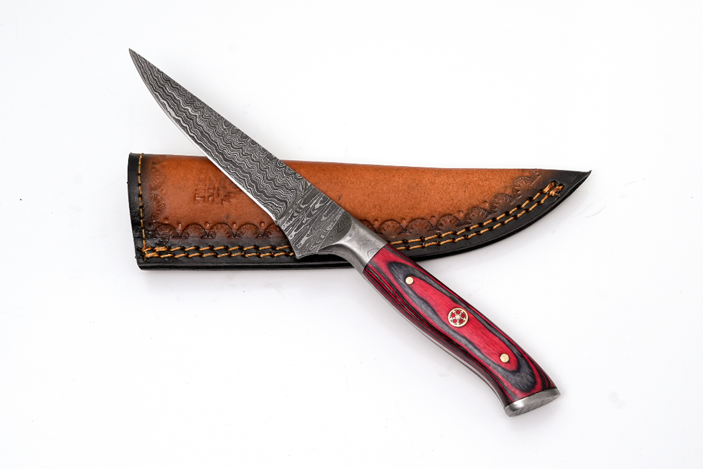 Hand-Forged Damascus Steel Skinning Knife | Red Pakkawood Handle & Mosaic Pin