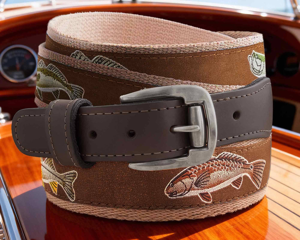 Backcountry Slam Men's Action Fishing Brown Ribbon Belt Featuring Redfish, Snook, Tarpon, Speckled Trout