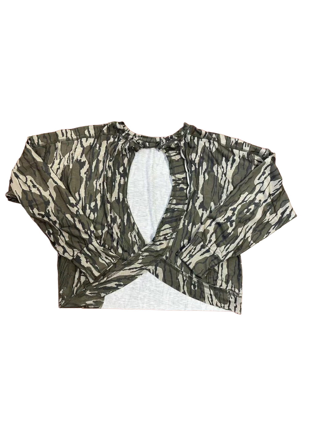 Bottomland Camo Cutout Back Long Sleeve Top