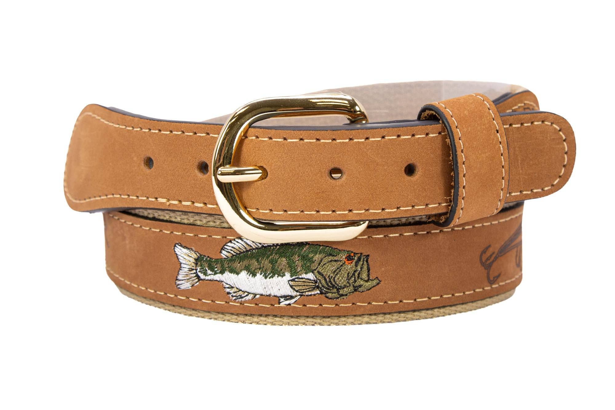 Bass Embroidered Nubuck Tan Leather Belt