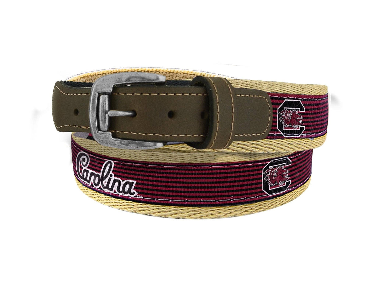 South Carolina Gamecocks Pinstripe Ribbon Belt with Khaki Webbing and Brown Leather Tabs