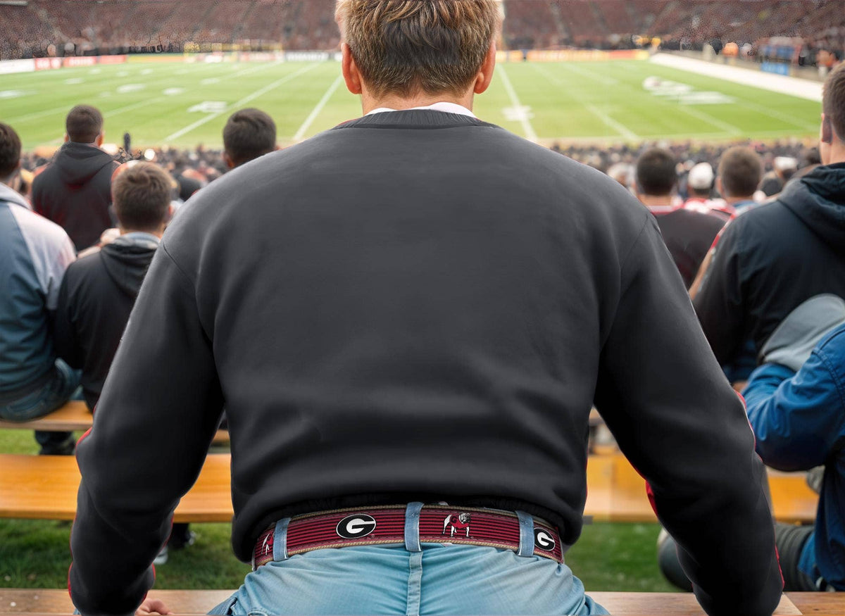 Georgia Bulldogs Pinstripe Ribbon Belt with Khaki Webbing and Brown Leather Tabs