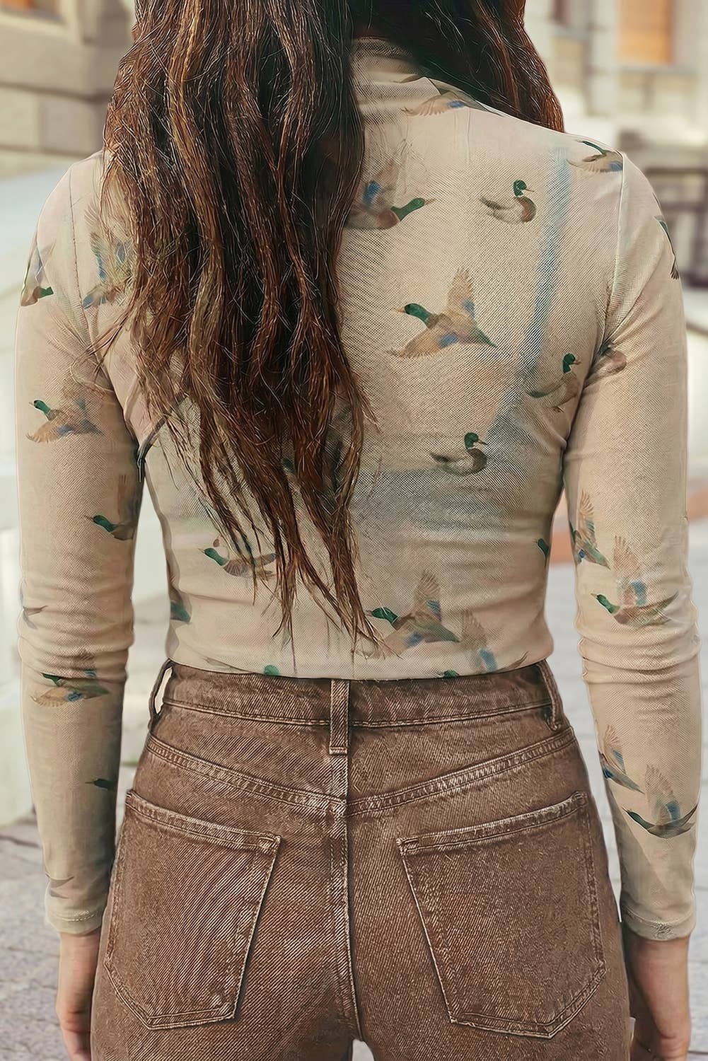 Flying Mallard Duck Mock Neck Long Sleeve Mesh Top