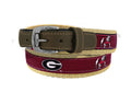 Georgia Bulldogs Pinstripe Ribbon Belt with Khaki Webbing and Brown Leather Tabs