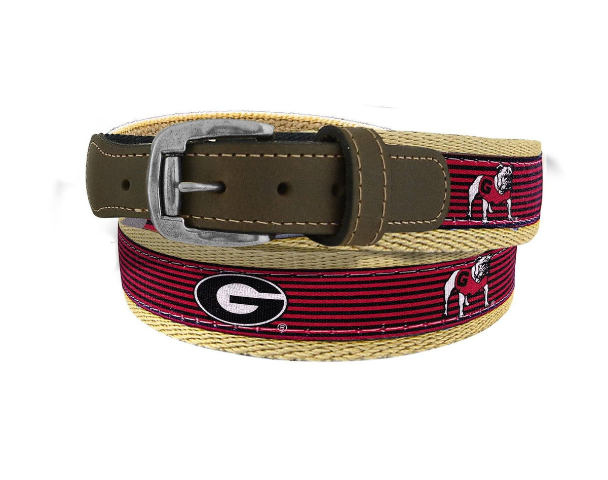 Georgia Bulldogs Pinstripe Ribbon Belt with Khaki Webbing and Brown Leather Tabs