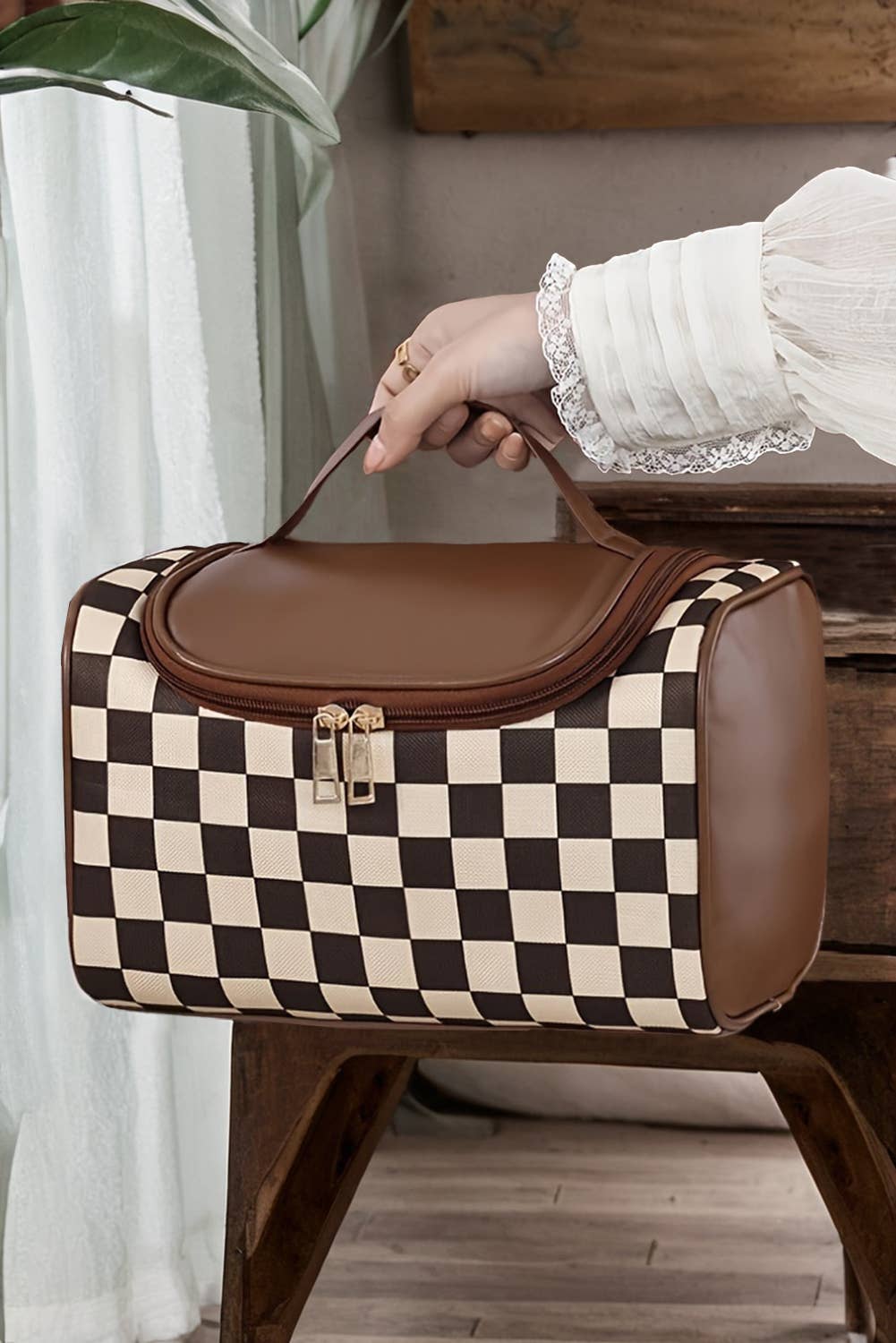 Checkered Pleather Makeup Bag