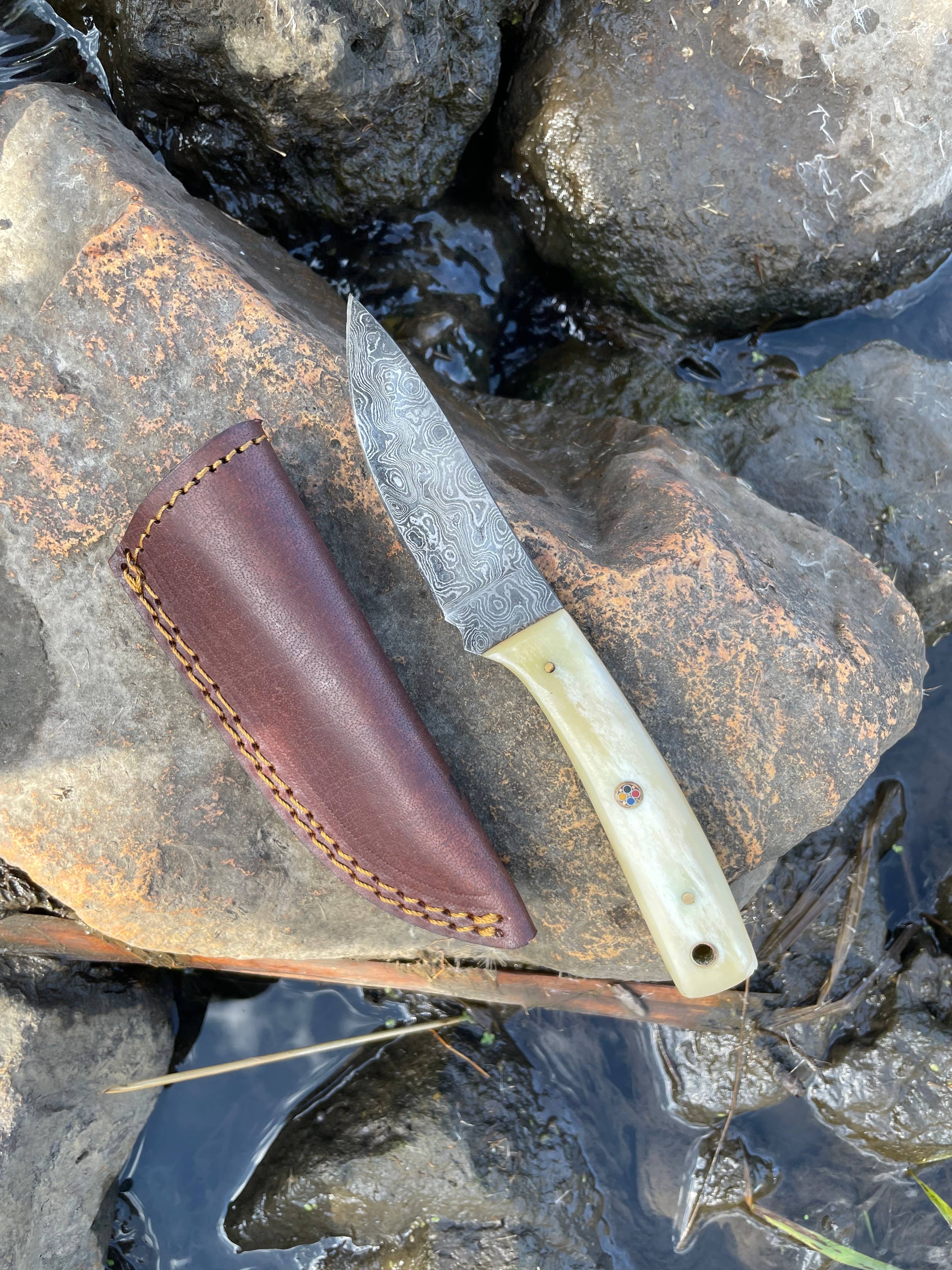 Damascus Steel Everyday Carry Knife, Bone Handle