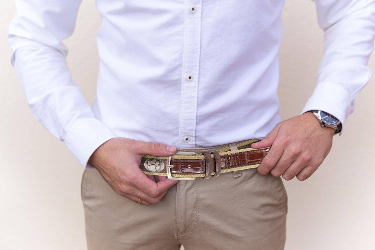 Clemson Tigers Khaki Webbed Belt With Croc Leather Inlay