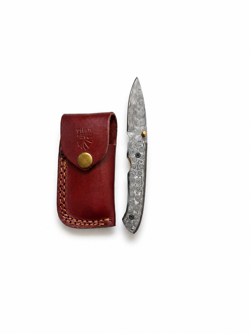 Damascus Folding Knife with Full Damascus Handle & Leather Sheath