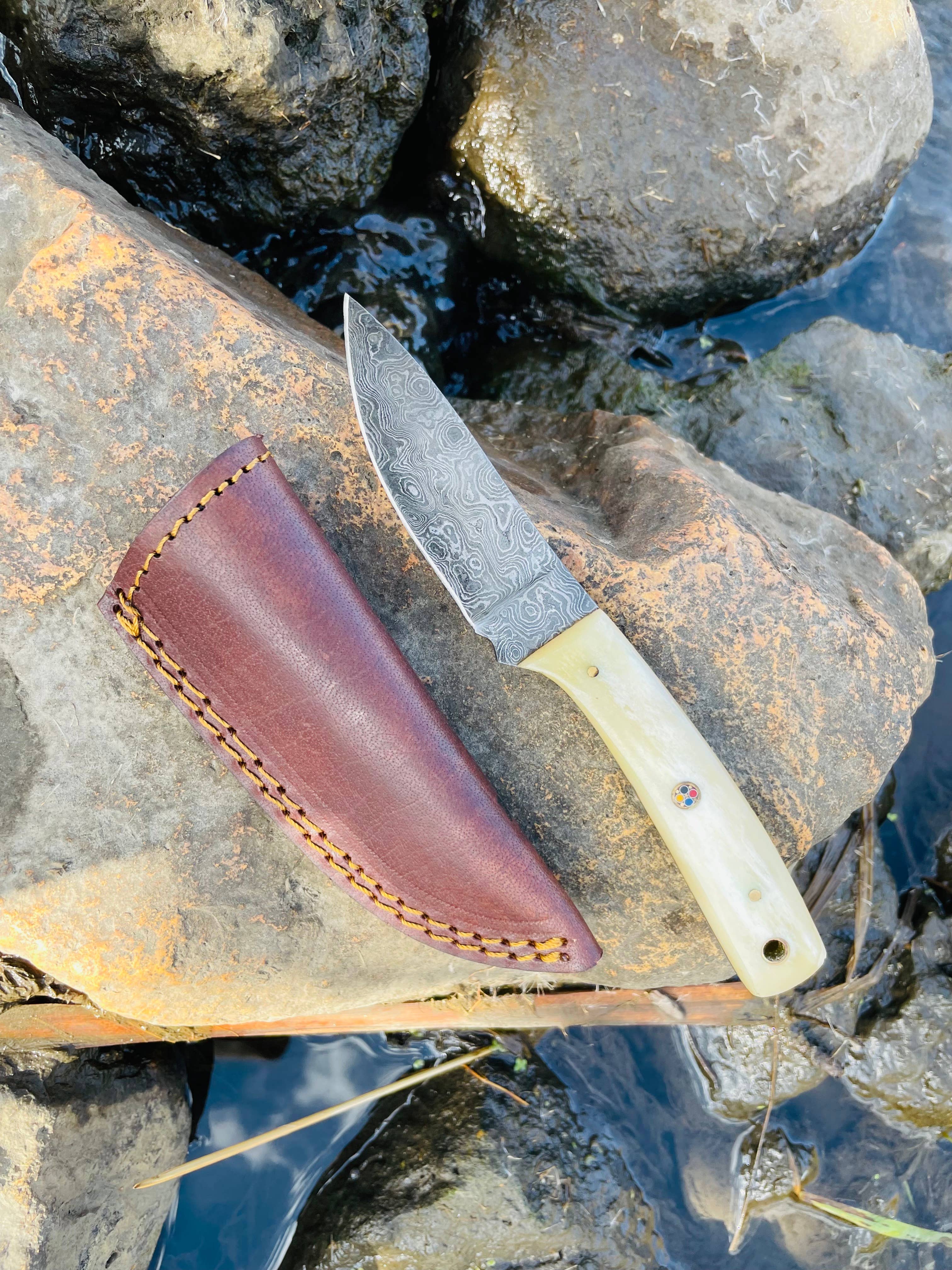 Damascus Steel Everyday Carry Knife, Bone Handle