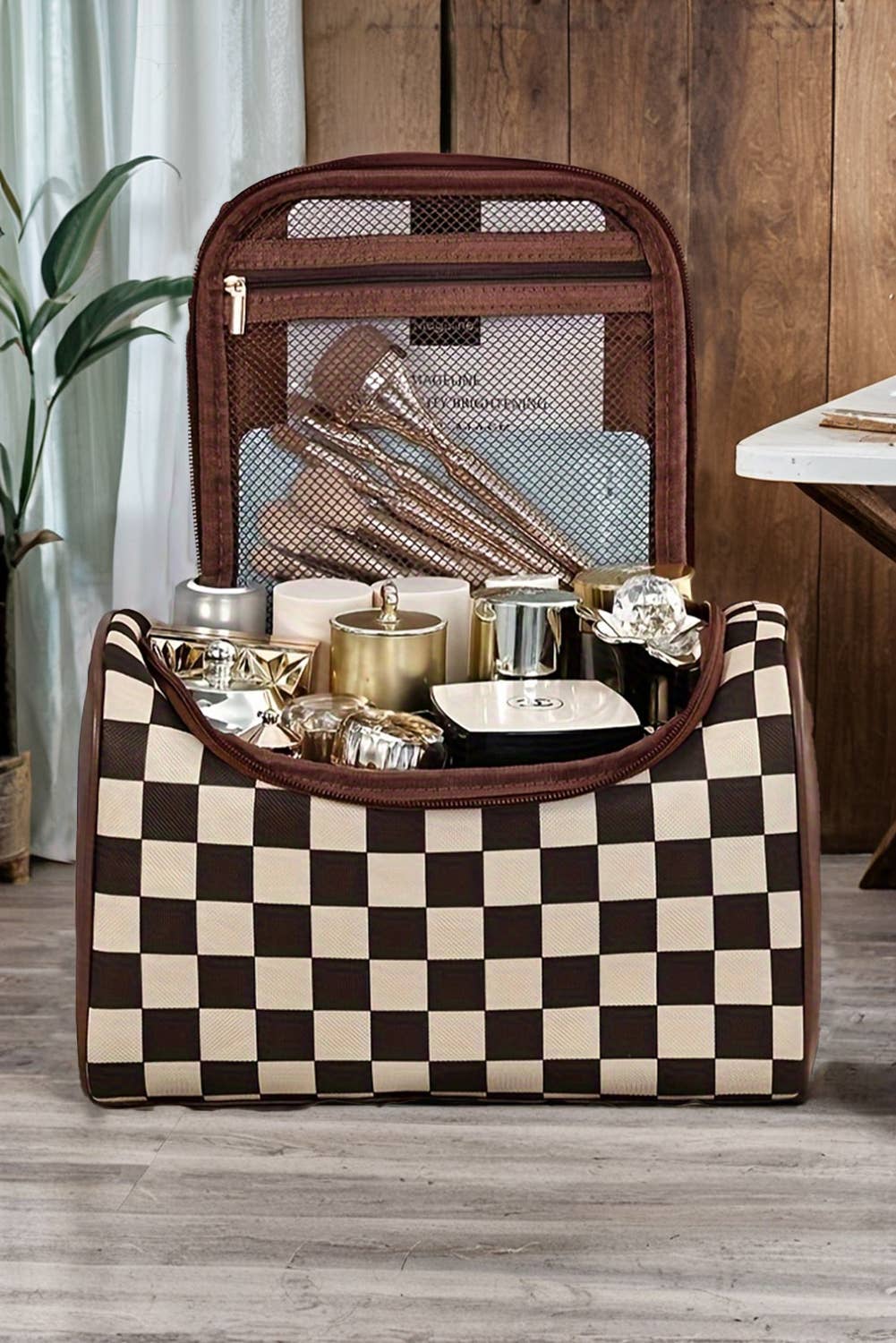 Checkered Pleather Makeup Bag