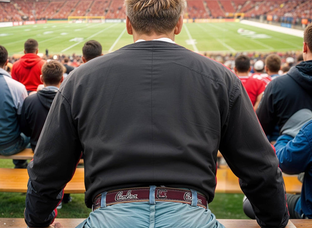 South Carolina Gamecocks Pinstripe Ribbon Belt with Khaki Webbing and Brown Leather Tabs