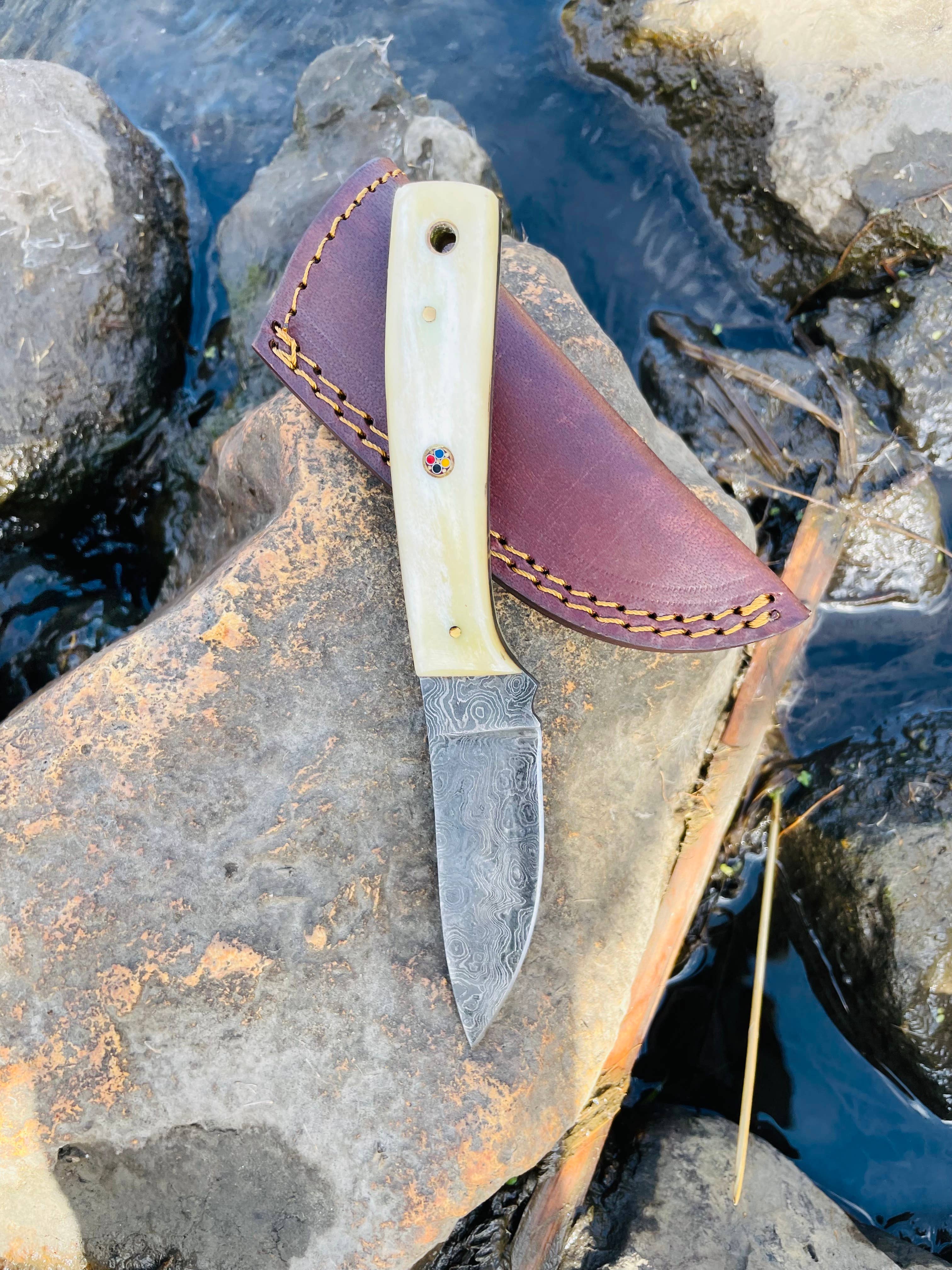 Damascus Steel Everyday Carry Knife, Bone Handle