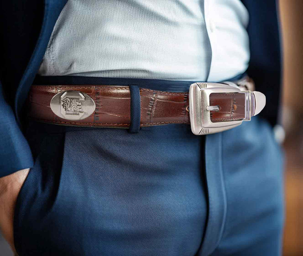 Gamecocks Men's Collegiate Leather Belt Grain Finish With Metal Emblem Conchos