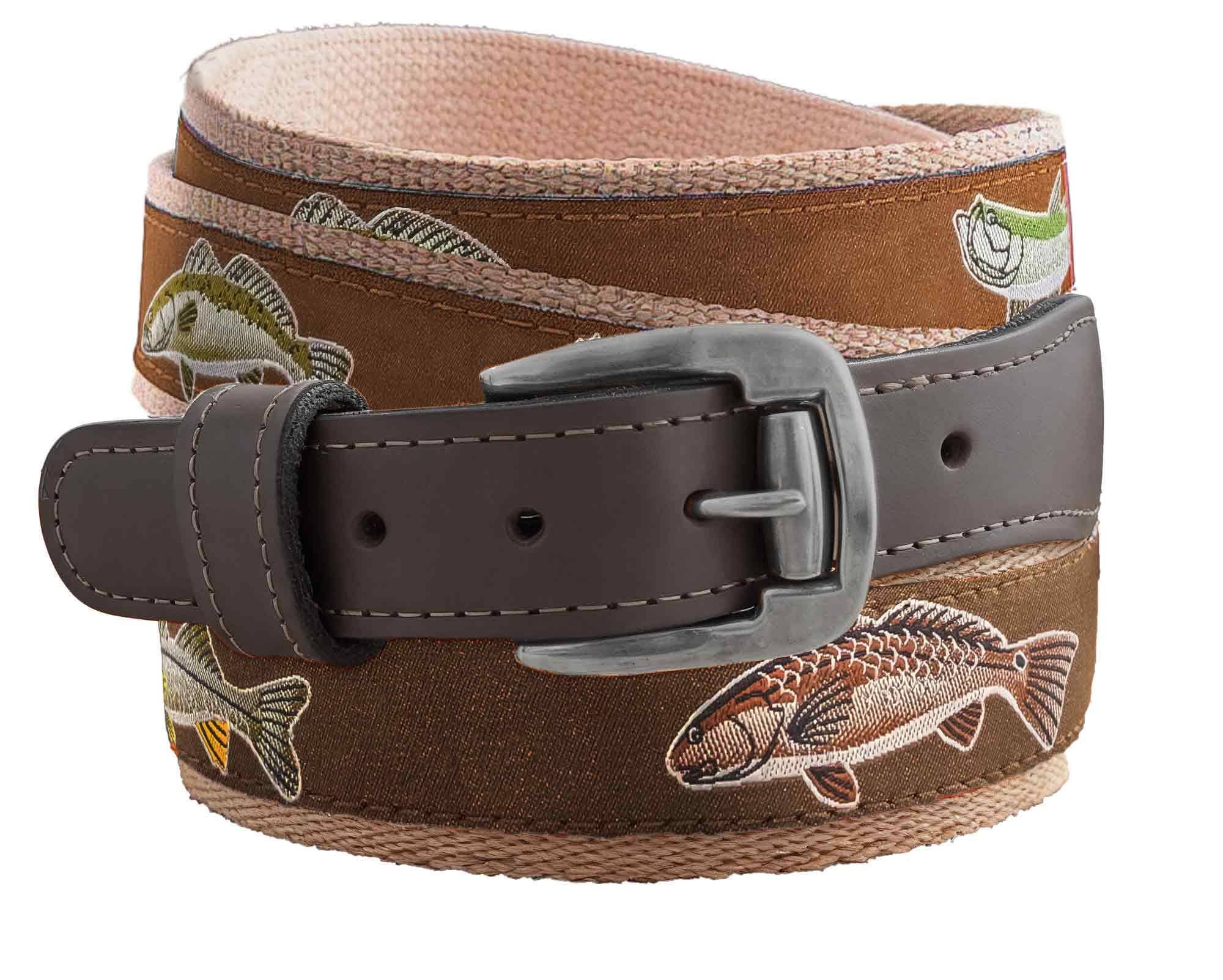 Backcountry Slam Men's Action Fishing Brown Ribbon Belt Featuring Redfish, Snook, Tarpon, Speckled Trout
