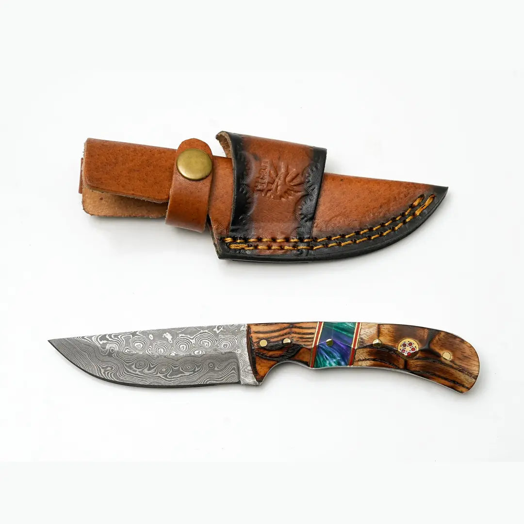 Hand-Forged Damascus Skinner | Torched Wood & Resin Hybrid Handle Knife