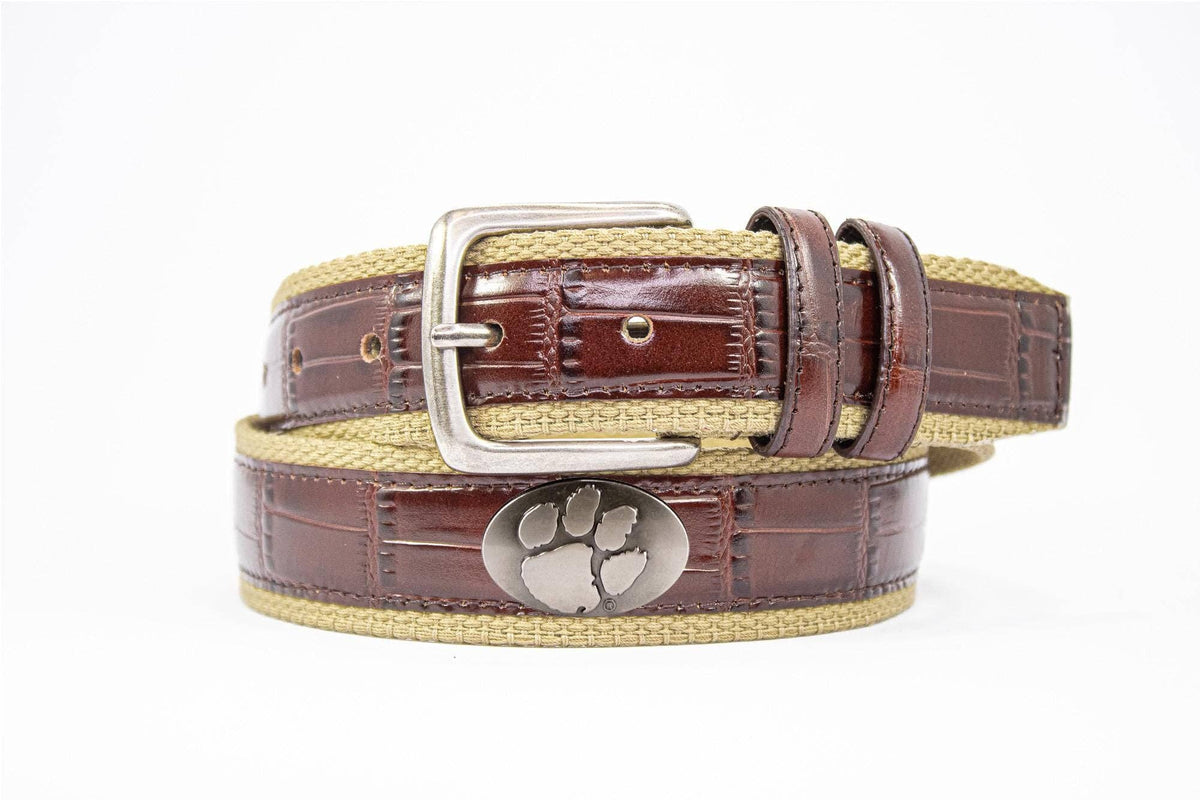 Clemson Tigers Khaki Webbed Belt With Croc Leather Inlay